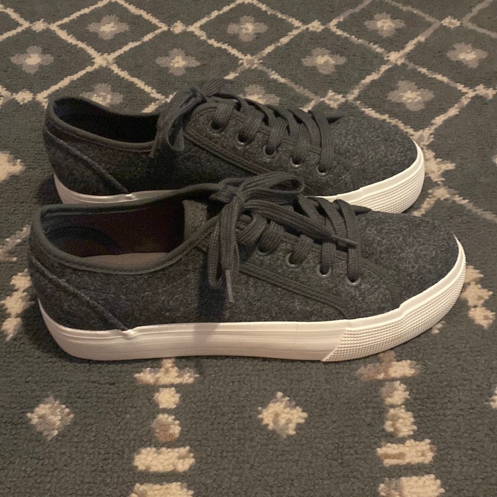 Dark grey First Timer Platform Sneaker with a soft knit blend  for nice texture.